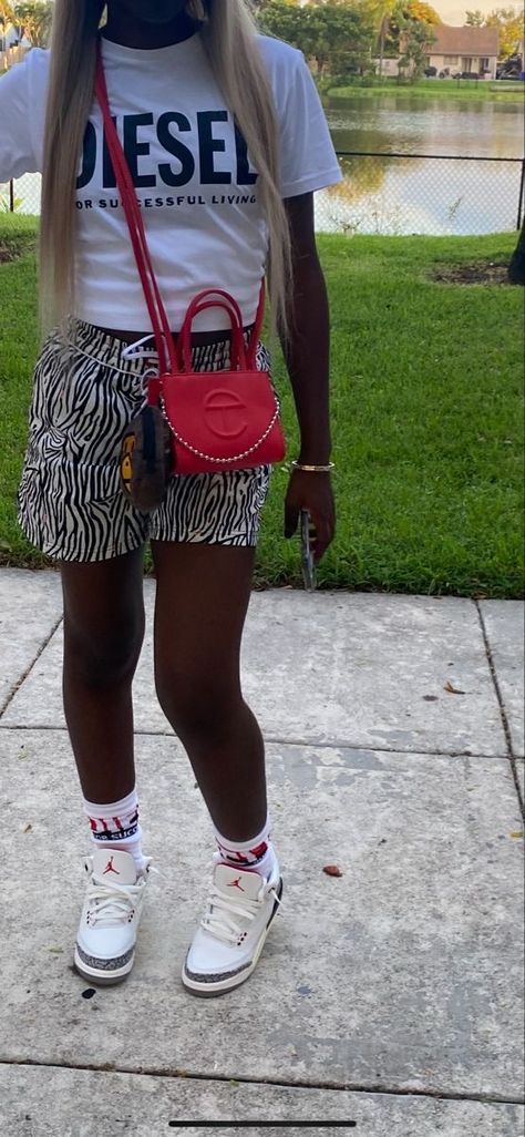 Brown Shorts Outfit Black Women, Red Telfar Outfit, Off White Vulcanized Outfit Black Women, Grad Bash Outfits, Ptso Ideas Outfits Birthday, Mmy Shoes Outfit, Black Women Outfits Summer, Off White Outfits For Black Women, Fly Shi Only Outfits