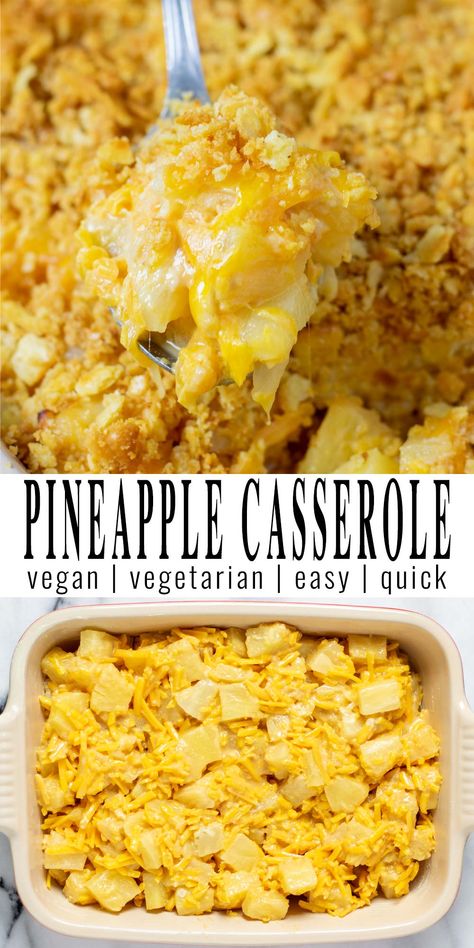 Collage of two pictures of the Pineapple Casserole: Top picture shows a closeup of large spoon full with the creamy filling of the casserole. Bottom picture is a top view on the casserole dish before baking. A text with the recipe title separates the two pictures. Vegan Casserole Recipes, Pineapple Diet, Vegan Casseroles, Lunch Vegetarian, Vegan Easter Recipes, Pineapple Casserole, Brunch Vegan, Vegan Casserole, Southern Recipe