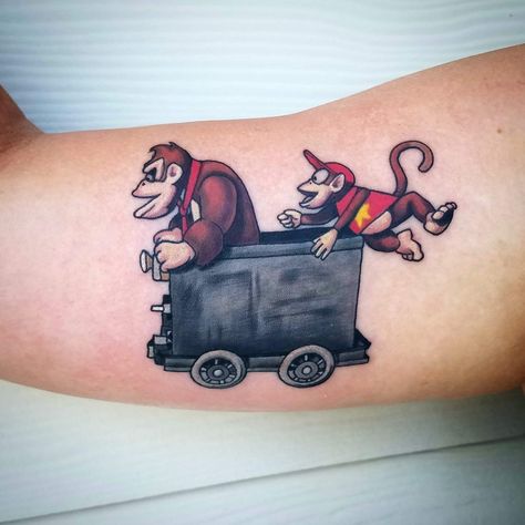 Super Mario Tattoo, Sailor Jerry Tattoo Flash, Cartoon Tattoo Ideas, Mine Cart, Mario Tattoo, Left Arm Tattoos, Animated Shows, Fun Tattoo, Pop Art Tattoos