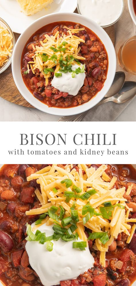 Bison Sausage Recipes, Bison Crockpot Recipes, Bison Recipes Dinners, Ground Bison Enchiladas, Bison Meal Prep Recipes, Bison Dinner Recipes, Ground Bison Recipes Casseroles, Bison Stew Meat Recipes, Bison Chili Recipe Healthy