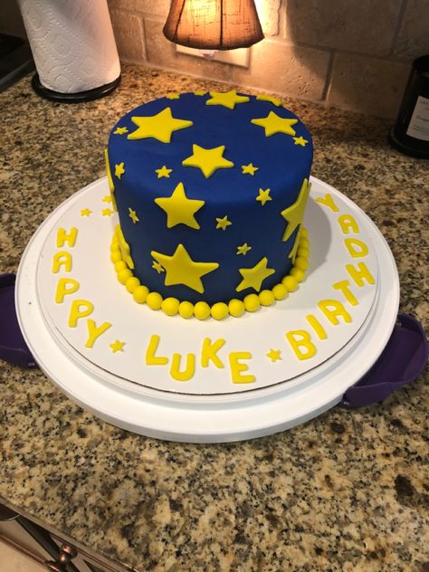 Great for a birthday party or baby shower! 6 Inch 3 Layer Cake, Blue And Yellow Birthday Cake, Fondant Stars, 3 Layer Cake, Pokemon Birthday Cake, 3 Layer Cakes, Star Cake, Blue Cakes, Yellow Star