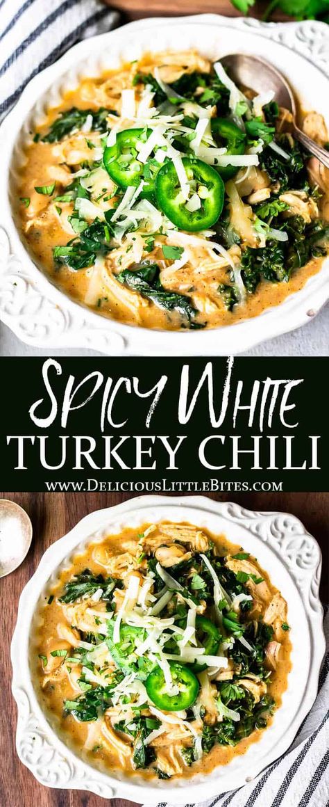 White Turkey Chili is a really quick and easy, creamy, hearty recipe that is just loaded with flavor. It's a great way to use leftover turkey from Thanksgiving. The instructions include both spicy and mild variations. You family with love this healthy comfort food recipe! | #turkeychili #chilirecipes #whiteturkeychili #chili #leftoverrecipes #leftoverturkey #turkeyrecipes Creamy Turkey Chili, Spicy Turkey Soup, Chili Variations, Chili Recipe Spicy, Spicy Turkey Chili Recipe, White Turkey Chili Recipe, Spicy Turkey Chili, Leftover Turkey Chili, Homestyle Meals