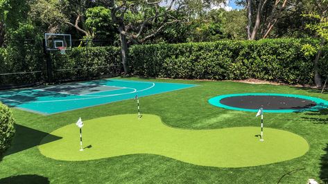 Backyard Playground Turf, Backyard Gaming Area, Active Backyard Ideas, Turf Basketball Court, Putt Putt Backyard, Small Backyard Sport Court, Astro Turf Backyard Ideas, Astro Turf Play Area, Outdoor Turf Play Area