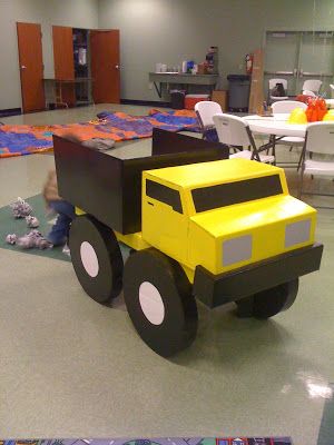 Whew! It's been a long week of working on my cardboard project, but it is finally finished! It went from this: To this! I made this ... Dump Truck Party, Cardboard Box Car, Dump Truck Birthday, Construction Theme Birthday Party, Cardboard Car, Construction Theme Party, Truck Diy, Vbs Themes, Imagination Station