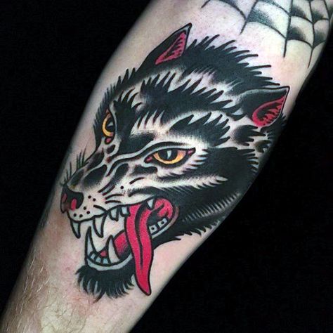 Traditional Red Tongued Hound Tattoo Mens Forearms   tatuajes | Spanish tatuajes  |tatuajes para mujeres | tatuajes para hombres  | diseños de tatuajes http://amzn.to/28PQlav                                                                                                                                                                                 More Wolf Tattoo Traditional, Traditional Tattoo Man, Fenrir Tattoo, Tiny Tattoo Ideas, Traditional Tattoo Sleeve, Meaningful Tattoos For Women, Nordic Tattoo, Old School Tattoo Designs, Traditional Tattoo Design