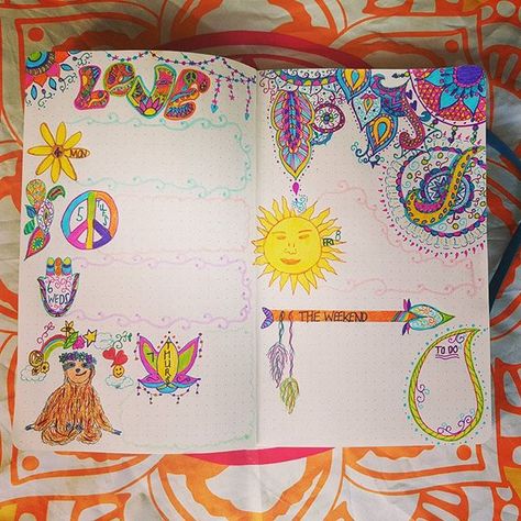 70s Bujo Theme, Retro Bullet Journal Theme, Rainbow Bullet Journal, Chakras Journal Page, Love Peace Happiness, Bujo Journal, Scrapbook.com Hippity Hoppity, Bullet Journel, Peace Happiness