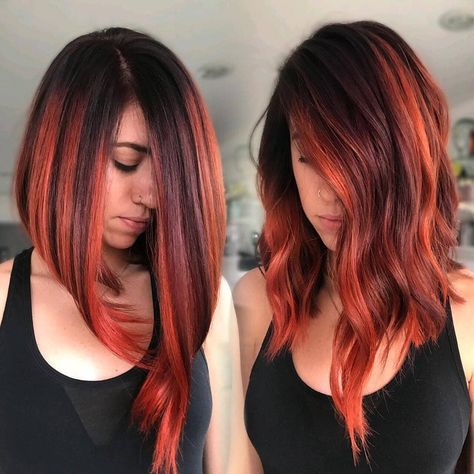 Angled Bob haircut with rich orange high lights. Black Long Bob, Red Long Bob, Hair Jazz, Red Bob Hair, Black Red Hair, Angled Bob Haircuts, Angled Bob Hairstyles, Red Hair Don't Care, Long Hai