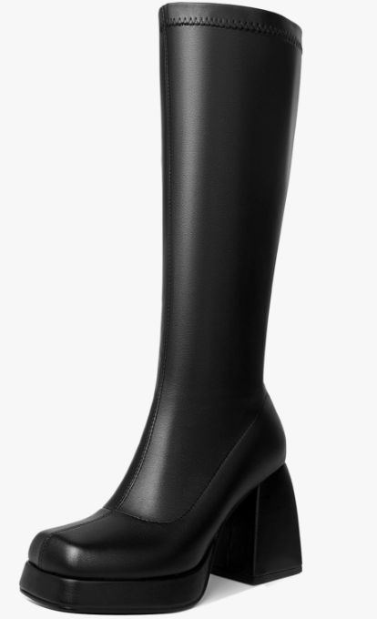 Retro square toe Platform Boots with a 3.74" heel height and a non-slip rubber sole with a chunky heel for extra stability and comfort. The Gogo boots are made from high stretch material to fit different leg sizes and have a comfortable soft lining with a side zip for easy on and off. Square Toe Knee High Boots, Black Tall Boots, Knee High Boots Black, Boots Square Toe, Gogo Boots, Black Boots Tall, Amazon Shopping, Boots For Women, Platform Boots