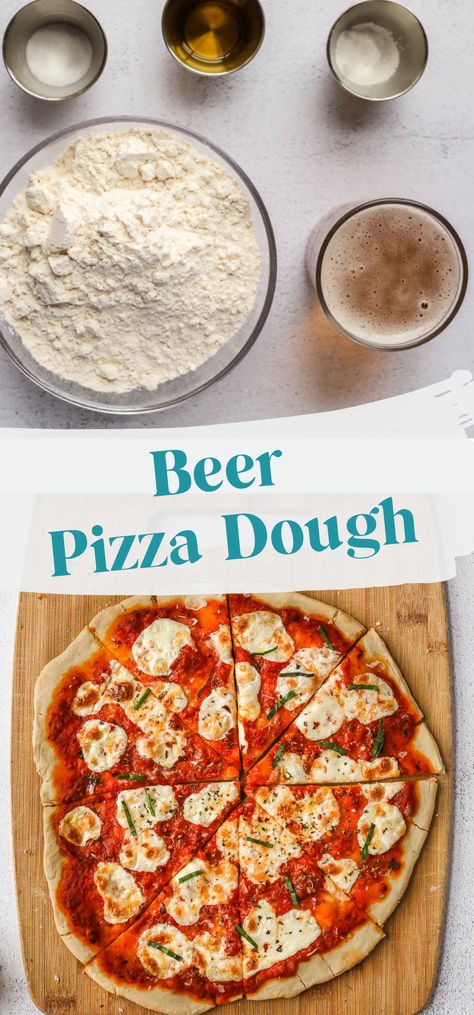 Homemade pizza dough is delicious, but what if you don’t have any yeast? This beer pizza dough is the answer! The yeast from the beer gives this dough a chewy texture with a crispy crust. Since the alcohol cooks off in the oven, this recipe is family-friendly! Beer Pizza Crust, Beer Pizza Dough Recipe, Flatbread Pizza Dough, Beer Pizza Dough, Yogurt Pizza Dough, No Yeast Pizza Dough, Bread Bowl Recipe, Bread Head, Making Homemade Pizza