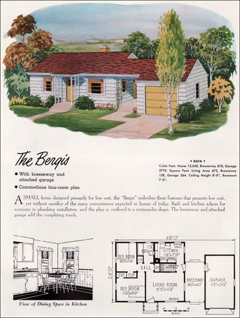 1952 National Plan Service - the Bergis [672 sq ft] Mid Century Ranch House, Printable House, Sims House Ideas, Mid Century Ranch, Plan Home, Small Modern Home, Vintage House Plans, Sims Building, Sims House Plans