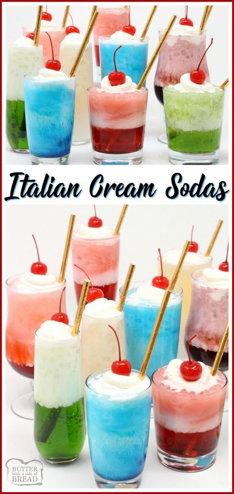 Italian Cream Soda Recipe made with sweet syrups, cream and club soda. It's a delicious & festive beverage for any special occasion! Easy #holiday #drink recipe from Butter With A Side of Bread Italian Cream Soda Recipe, Cream Soda Recipe, Everyday Drinks, Italian Soda Bar, Italian Sodas, Italian Cream Soda, Soda Bar, Homemade Soda, Italian Cream