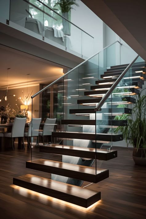 Glass Staircase Ideas Modern, Staircase Glass Railing Design Modern, House Stairs Design Luxury, Glass Railing For Stairs, Luxury Home Stairs, Best Stairs Design, Glass Home Design, Stair Case Designs Interiors, Glass Stairs Design Modern