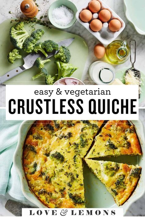 This easy crustless quiche recipe is filled with broccoli, herbs, and cheese. It's healthy and delicious for any meal! Heavy Snacks, Easy Crustless Quiche, Crustless Quiche Recipe, Lemons Recipes, Gf Breakfast, Breakfast Vegan, Fresh Fruit Salad, Minimalist Baker, Vegetarian Breakfast Recipes