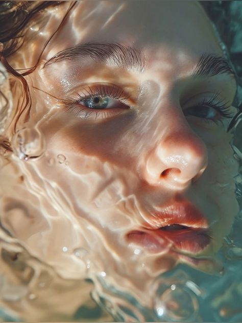 Ocean Water Photography, Wet Face Reference, Water Droplet Photography, Water Photography Aesthetic, Face Reflection In Water, Face Looking Up Reference, Face Close Up, Photo Shoot In Water, Water Photography Ideas