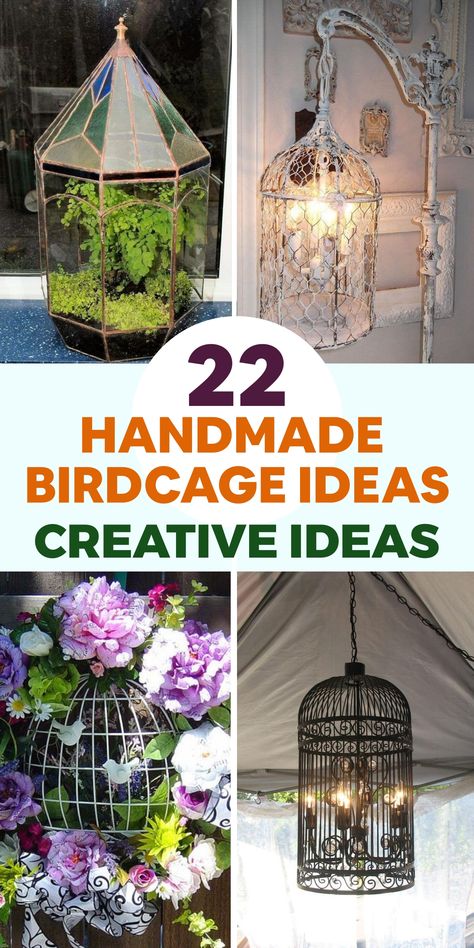 Upgrade your garden decor with charming handmade birdcage ideas. Transform an old wire basket into a rustic birdcage, complete with a wooden perch and small door for your feathered friends. Construct a natural cage using sturdy branches intertwined together for an eco-friendly touch. For a pop of color, paint a wooden birdhouse and attach wire mesh to craft a unique enclosure. These DIY birdcages will attract birds while adding elegance and creativity to your garden space. Birdcage Upcycle, Birdcage Decor Ideas, Birdcage Ideas, Shabby Chic Floor Lamp, Vintage Bird Cage Decor, Birdcage Planter, Bird Cage Candle, Bird Cage Candle Holder, Diy Bird Cage