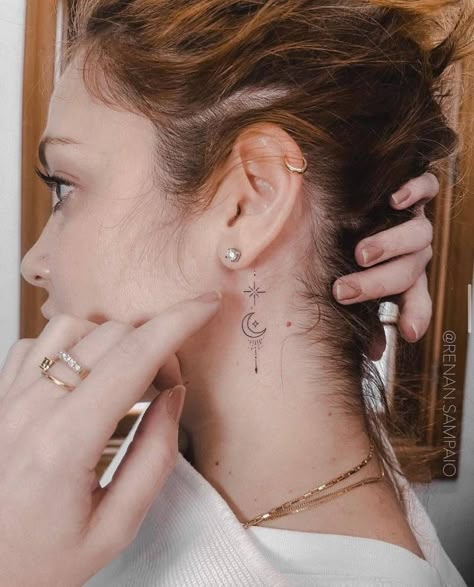 Word Neck Tattoos, Star Tattoos Behind Ear, Back Ear Tattoo, Moon Star Tattoo, Nape Tattoo, Sparkle Tattoo, Small Moon Tattoos, Small Neck Tattoos, Behind Ear Tattoos