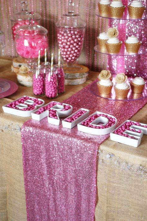 pink-sequin-runner Glam Bridal Shower Ideas, Gold Dessert Table, Dessert Party, Lingerie Shower, Pink Bridal Shower, Wedding Showers, Rustic Glam, Bachelorette Ideas, Wedding Shower Ideas