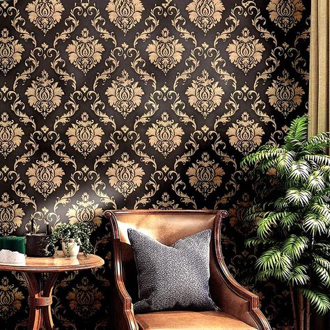 Gold Damask Wallpaper, Wallpaper House Design, 3d Wallpaper Design, Modern Wallpaper Designs, Golden Wall, Wall Stickers Wallpaper, Wallpaper Walls Decor, Wall Vinyl Decor, Diy Wallpaper