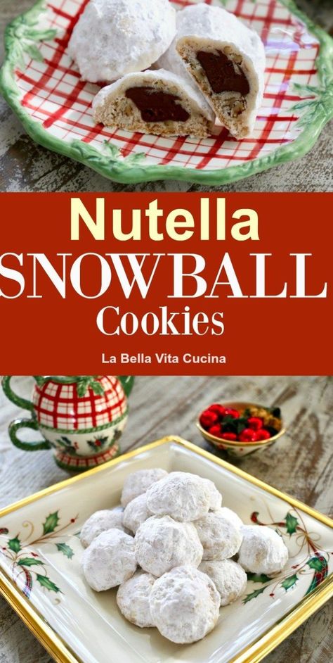 Nutella Stuffed Snowball Cookies!   #nutella #cookies #cookierecipe #recipe #christmascookies #italiancookies #italianfood #christmas Classic Snowball Cookies, Snowball Cookies Recipe, Italian Ricotta Cookies, Cranberry Orange Shortbread Cookies, Nutella Recipes Easy, Russian Tea Cake, Mexican Wedding Cookies, Buttery Shortbread Cookies, Snowball Cookies