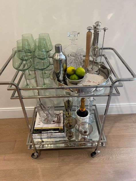 Bar Cart Themes, Coffee Bar Cart Aesthetic, Acrylic Bar Cart Styling, Aesthetic Bar Cart Styling, Decorated Bar Cart, Vintage Bar Cart Aesthetic, Bar Cart Colorful, Bar Cart Home, Bar Cart Glasses