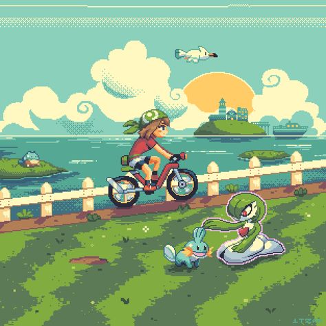 Pokemon Emerald, Pokémon Ruby, Pixel Art Landscape, Pokemon Nintendo, Nintendo Fan Art, Pokemon Gif, Pixel Animation, Ara Ara, Pixel Art Tutorial