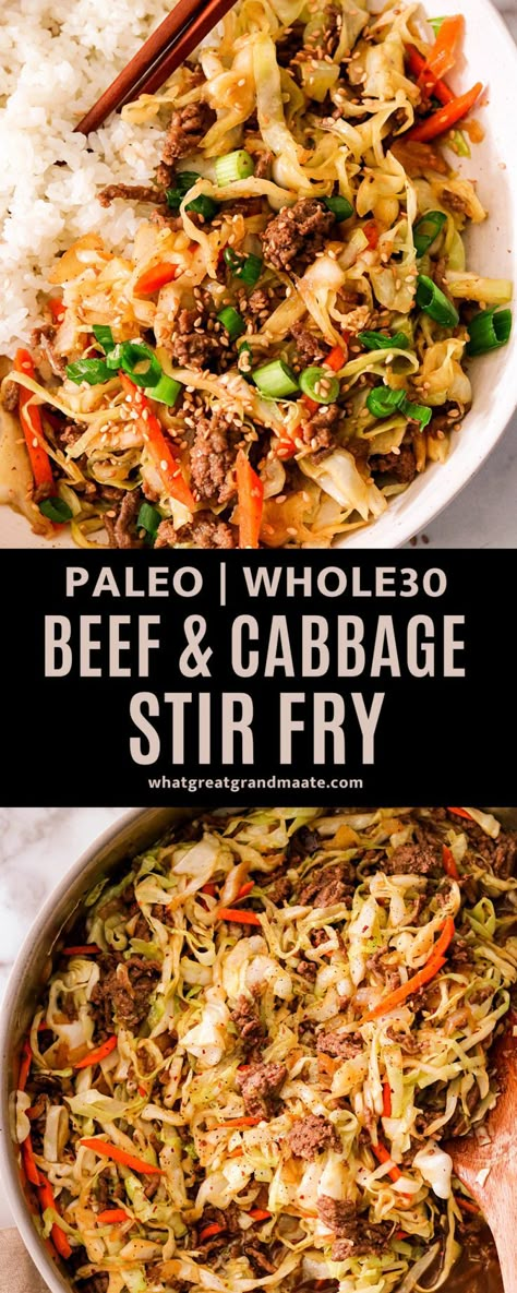 This quick and easy Asian ground beef and cabbage stir fry is packed with flavor and perfect for weeknights! It’s a delicious dish that is paleo and Whole30-friendly and comes together in under 30 minutes. Serve it over rice, cauliflower rice, or even noodles! Asian Beef And Cabbage Stir Fry, Ground Beef Red Cabbage, Ground Pork Whole 30, Napa Cabbage Recipes Stir Fry Ground Beef, Ground Beef Cabbage Stir Fry, Asian Ground Beef Stir Fry, Cabbage Beef Stir Fry, Beef Stir Fry With Cabbage, Whole 30 Recipes Hamburger Meat