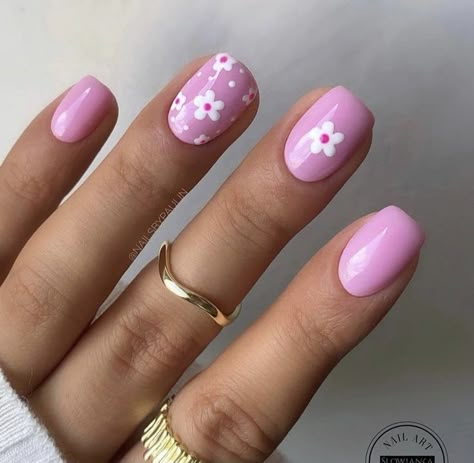 56 Best All Color Summer Nail 2023 | Summer Nails Coffin Pink Nails With One Flower Nail, Flowers On Pink Nails, Pink Flower Gel Nails, Floral Gel Nails Short, Short Gel Nails With Flowers, Cute Nail Inspo Short Summer, Floral Nail Designs Short Nails, Short Nail Designs Minimal Spring, Short Nail Designs Flowers Simple