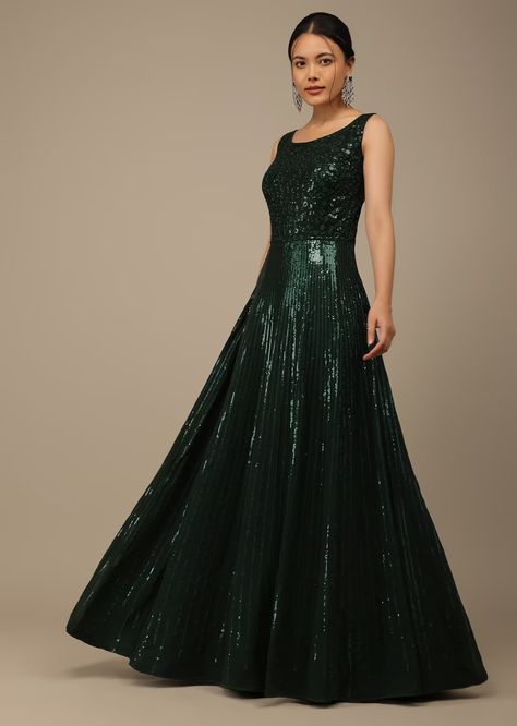 Bottle Green Sequins Embroidered Evening Gown In Georgette With Resham Work Bottle Green Gown, Drape Gown, Gowns Online Shopping, Western Gown, Indo Western Gown, Kaftan Gown, Party Wear Gowns, Resham Work, Kalki Fashion