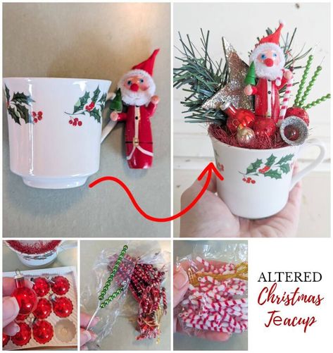 Teacup Christmas Decorations, Teacup Christmas Crafts, Tea Cup Christmas Crafts, Tea Cup Projects, Teacup Christmas, Vintage Mercury Glass Ornaments, Teacup Crafts, China Crafts, Tinsel Garland