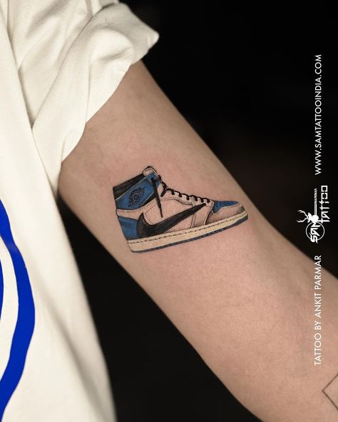 Walk into @samtattooindia and walk out with awesome sneaker tattoo. Skill and style in every step! Kick it out👟 . . Tattoo by @inkcredible_samtattooindia . 📍 Malad / Charniroad Powered by @xtremetattooink @kwadron @kingstattoosupply #samtattooindia #sneakerhead #sneakertattoo #shoelove #tattooideas #tattooobsessed #tattoolover #tattooinspiration #creativetattoos #tattoos #everysinglestrokematters Sneaker Tattoo, Nike Tattoo, Jordan Tattoo, Shoe Tattoos, Jordan Mid, Red Jordans, Walk Out, Best Tattoo, Creative Tattoos