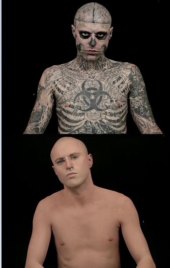 Rick Genest ... The man with the most tattoos on earth. What he looked like before his full body tattoo! Tattoo Makeup Coverup, Rick Genest, Zombie Boy, Sick Tattoo, Full Body Tattoo, Cover Up Tattoo, Up Tattoos, Art Tattoos, Tattoo Removal