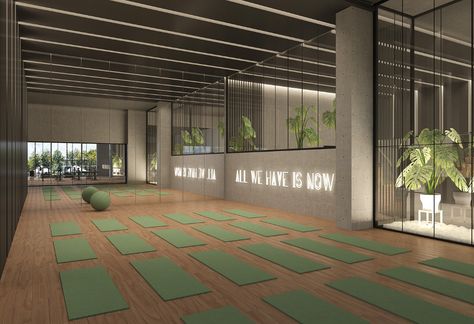 Fitness Center on Behance Yoga Interior Design, Fitness Center Design, Green Painted Walls, Gym Design Interior, Green Gym, Yoga Studio Design, Gym Interior, Fitness Business, Studio Green