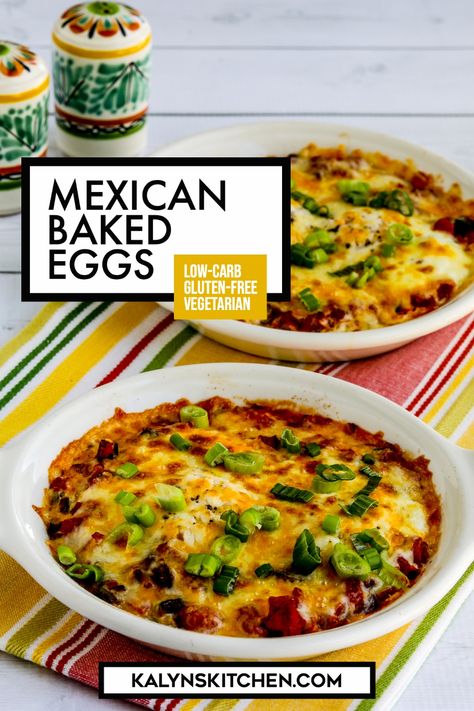 Mexican Baked Eggs are a healthy breakfast that feels like a treat, and everyone who likes Mexican flavors will love this for breakfast! Make the low-carb version without black beans, or add the black beans, whichever you prefer. [found on KalynsKitchen.com] #MexicanBakedEggs #MexicanEggs 4hb Recipes, Eggs Dishes, Lean Recipes, Mexican Brunch, Breakfast Egg Casserole, Baked Eggs Recipe, Mexican Flavors, Shakshuka Recipes, Nourishing Food