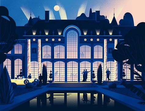 the lighting in this image presents the partying be in the dark night of the moon along with the rays of lights to be the lighting of a party taking place. Great Gatsby Painting, Great Gatsby Illustration, Gatsby Illustration, The Great Gatsby Aesthetic, Great Gatsby Aesthetic, The Great Gatsby Art, Gatsby House, Art Deco City, Behance Illustration