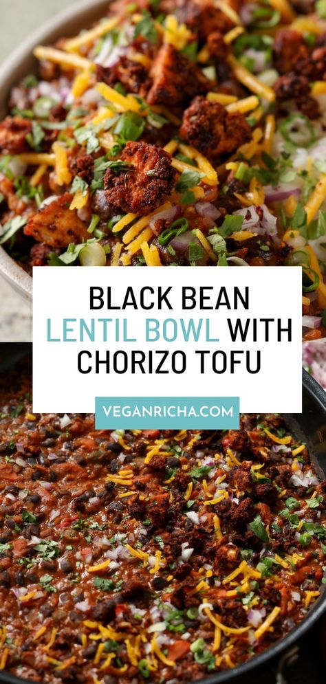 This tofu burrito bowl is packed with flavor from chorizo-style tofu and this incredible mixture of stewed black beans and red lentils. Serve over rice with your favorite burrito fillings, like cilantro, salsa, and vegan cheese or sour cream. Lentil Tofu Recipes, Tofu Burrito Bowl, Tofu Burrito, Cilantro Salsa, Vegan Chorizo, Serve Over Rice, Crispy Quinoa, Lentils Beans, Instant Pot Cookbook