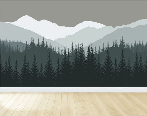 Mountain Wall Painting, Wall Mural Forest, Mountain Nursery Wall, Forest Wall Decals, Mountain Wall Mural, Mountain Mural, Mountain Nursery, Forest Mural, Tree Wall Murals