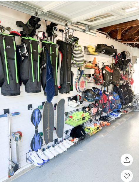 Garage Organization Ideas Sports Equipment, Garden Garage Storage, Hang Stroller In Garage, Diy Garage Sports Storage, Baseball Bag Storage Garage, Storing Mattress In Garage, Sport Storage Garage, Garage Baseball Organization, Scooter Organization In Garage