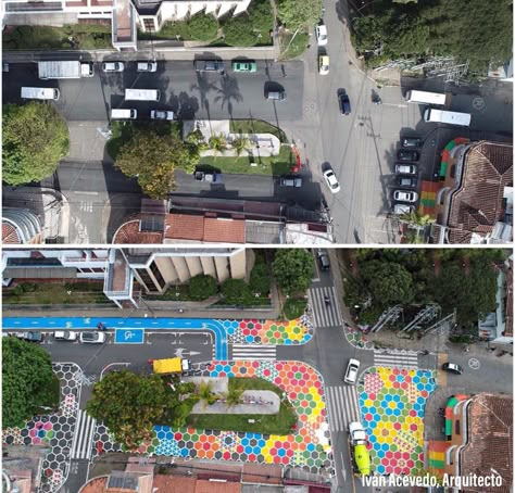 This looks so cool! Before and after photographs of a recent installation in Rionegro, Colombia. The location is near a hospital and the aim was to calm traffic, create more accessible space for pedestrians and positively impact this shared social space. Co-design: Ivan Acevedo and John Ortiz from IAA Studio. @iacevedoarch @johnoctavioortiz Image from Twitter Iván Acevedo @ivanacevedog and Instagram @bid_ciudades #supergraphic #TacticalUrbanism Traffic Calming, Tactical Urbanism, Urban Design Graphics, Urban Intervention, Urban Landscape Design, Pedestrian Street, Community Space, Social Space, Landscape Plans