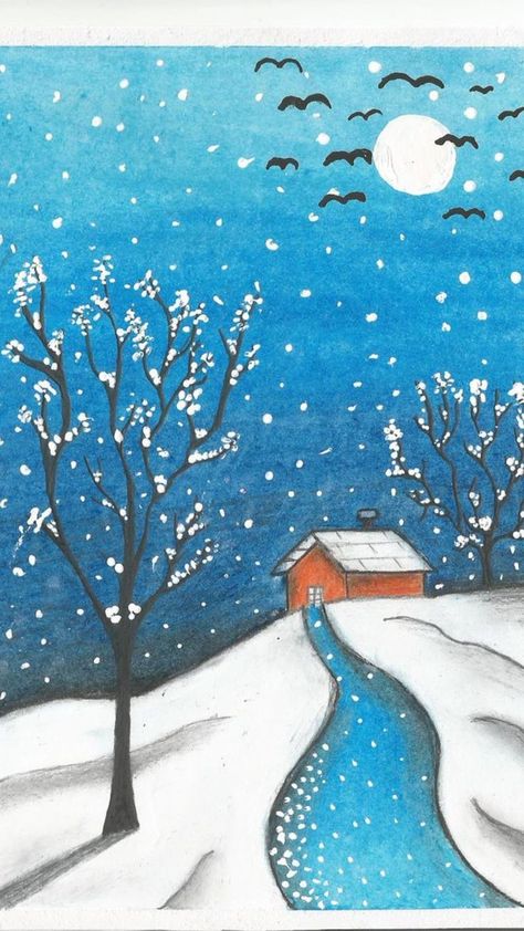 Cold Drawing Winter, Winter Season Drawing, One Perspective Drawing, Winter Drawings, Winter Art Projects, Christmas Landscape, Scene Drawing, Beautiful Art Paintings, Creative Painting