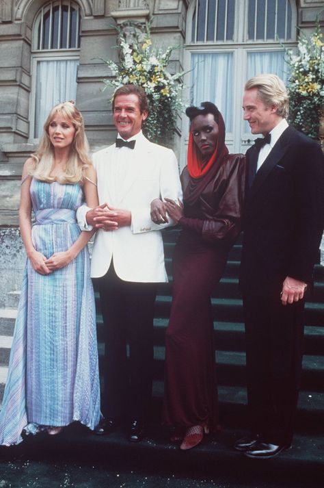 The cast of "A View To A Kill" pose for the press, 1985.  L to R: Tanya Roberts, Roger Moore, Grace Jones, Christopher Walken Max Zorin, Richard Kiel, A View To A Kill, James Bond Women, Tanya Roberts, Bond Women, George Lazenby, James Bond Girls, Timothy Dalton