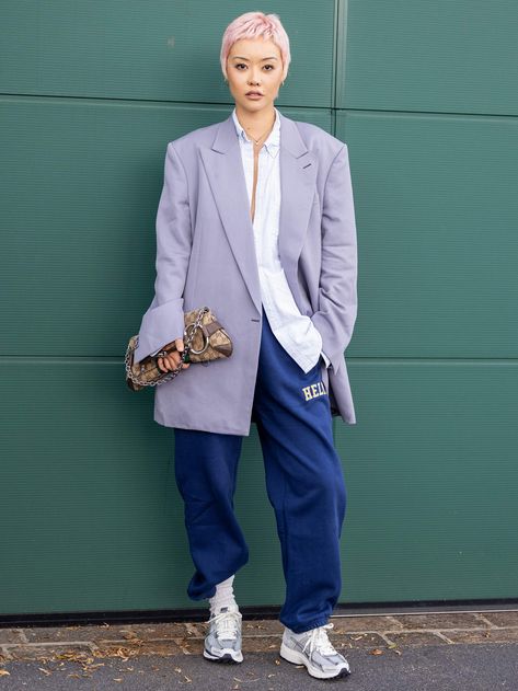 6 Easy Ways To Elevate Athleisure Outfits For 2024 | PORTER Women's Street Style, Styling Tricks, Oversized Wool Coat, Athleisure Trend, Sweatpants Outfit, Trends For 2024, Athleisure Outfits, Retro Sneakers, Shearling Coat