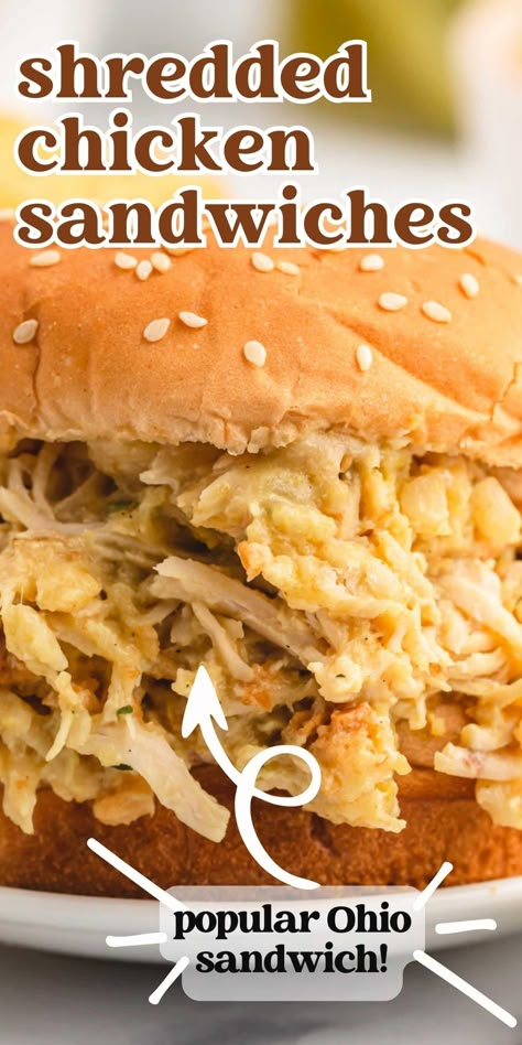 The best Ohio Shredded Chicken Sandwiches! Popular in the midwest, these creamy chicken & stuffing sandwiches are made in the slow cooker. Sloppy Chicken Sandwiches Crock Pot, Moist Shredded Chicken Crock Pot, Homemade Shredded Chicken Sandwiches, Ohio Shredded Chicken Sandwiches 12 Tomatoes, Chicken Stuffing Sandwiches, Shredded Chicken Recipes For Sandwiches, Ohio Chicken Sandwich Recipes, Shredded Chicken Recipes Sandwiches, Hot Chicken Sandwiches In Crockpot