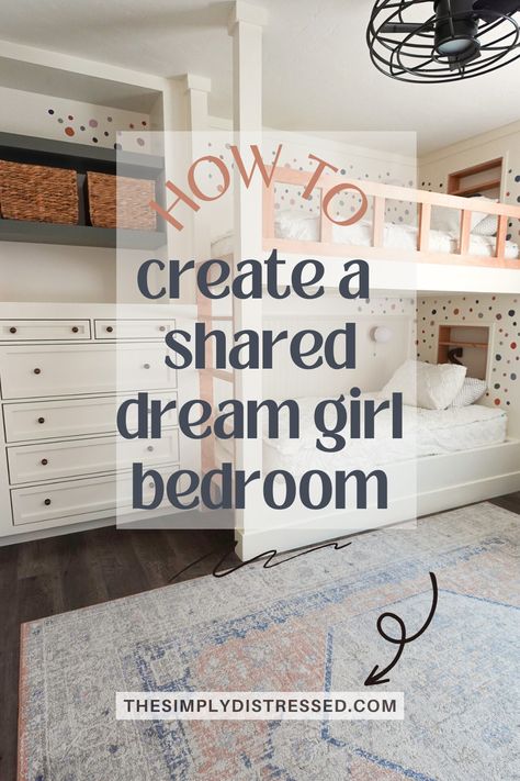 Three years in the making and I finally finished creating our dream girl bedroom. Here is everything I did to create a fun, whimsical and organized space for girls.  Girl bedroom aesthetic, Girl bedroom ideas for kids, Bunkbeds, Bedroom for kids, Bedroom for two sisters, Bedroom for girls modern, Girl room ideas, Girl room decor, Girl room makeover, Bedrooms for girls Bedroom For Girls Modern, Two Girls Bedroom Ideas, Bunkbed Bedroom Ideas, Girls Bunkbed Bedroom Ideas, Girls Shared Bedroom Ideas, Bedroom For Two Sisters, Aesthetic Girl Bedroom, Room Ideas Girl, Sister Bedroom Ideas