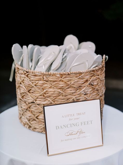 Flip-Flops in Basket for Dance Floor White Flip Flops Wedding, Flip Flop For Wedding Guests, Flip Flops At Wedding Reception, Fan Basket Wedding, Flip Flops Wedding Basket, Flip Flop Station Wedding, Dancing Shoes Wedding Flip Flops, Flip Flop Wedding Basket, Flip Flop Basket For Wedding