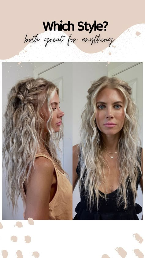 whitney_lynne on Instagram: 1 or 2? Which is your fav? 💚🧡 Big fan of both tbh, it just depends on the occasion. To see the full reel/slowed down scroll back in my… Country Concert Braid Hairstyles, Half Up Wavy Hairstyles Simple, Quarter Up Hair, Womens Summer Hairstyles, Beach Wave Hair With Braid, Boho Concert Hair, Beachy Braid Hairstyles, Wavy Beach Wedding Hair, Beach Waves With Braids Hairstyles