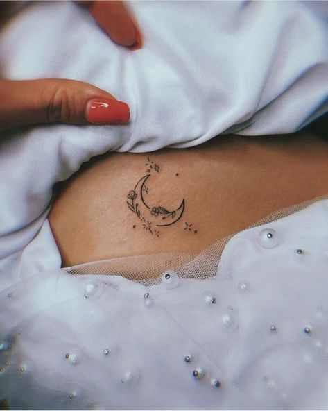 Moon With Lavender Tattoo, Sun And Moon Tattoo Ribs, Moon Tattoo Ribcage, Dainty Moon Tattoos, Hand Moon Tattoo, Moon Tattoo Ribs, Moon Tattoo Ankle, Tattoo Ideas Female Moon, Underboob Rib Tattoo