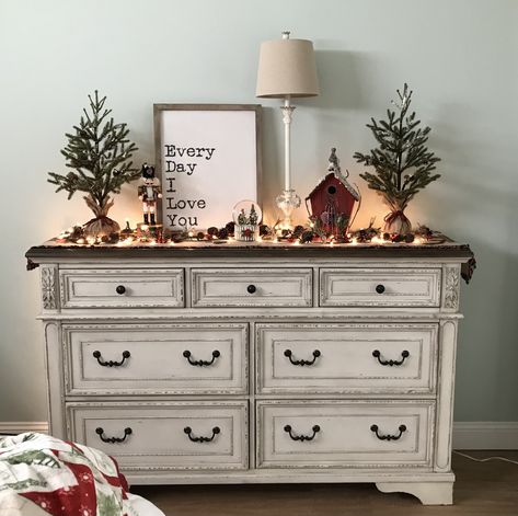 Christmas Bedroom Dresser Decor, Bedroom Dresser Christmas Decor, Christmas Decor Dresser, Christmas Dresser Decor, Over The Top Christmas Decor, Bedroom Chest Decor, Dresser Decorations, Decor For Dresser, Christmas Guest Room