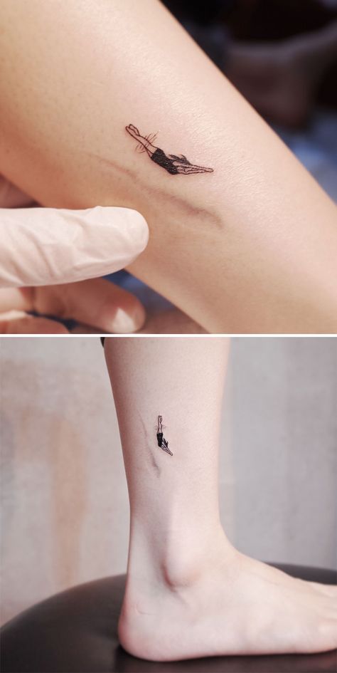 Swimming Tattoo, Tattoo Over Scar, Scar Tattoo, Clever Tattoos, Cute Tattoos For Women, Discreet Tattoos, Up Tattoos, Nailed It, Simplistic Tattoos