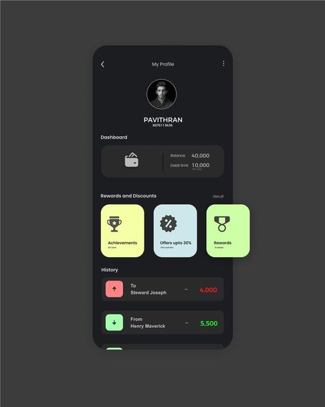 Dark App Design, User Profile Ui Design Mobile App, Profile Screen Mobile Ui, App Profile Design, Profile Ui Mobile, Profile Card Ui, User Profile Design, Profile App Ui, User Profile Ui Design