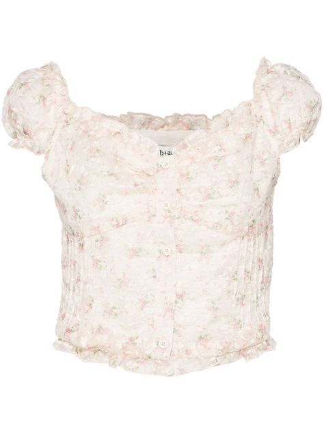 beige/multicolour cotton blend floral print ruffled detailing boat neck short sheer puff sleeves pleat detailing ruffled hem front button fastening Cute Tops Png, Cute Girly Tops, Cottagecore Tops, Girly Shirts, Floral Puff Sleeve Top, Floral Babydoll Top, Lacy Tops, Ruffle Sleeve Top, Silky Dress